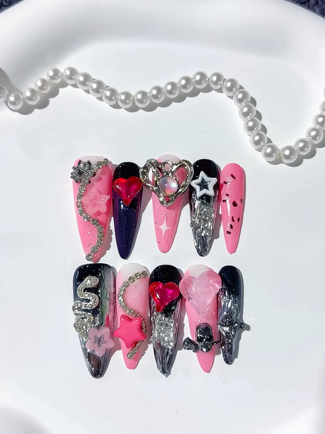 Pink Black Abstract Bow Flower 3D press on nails close up