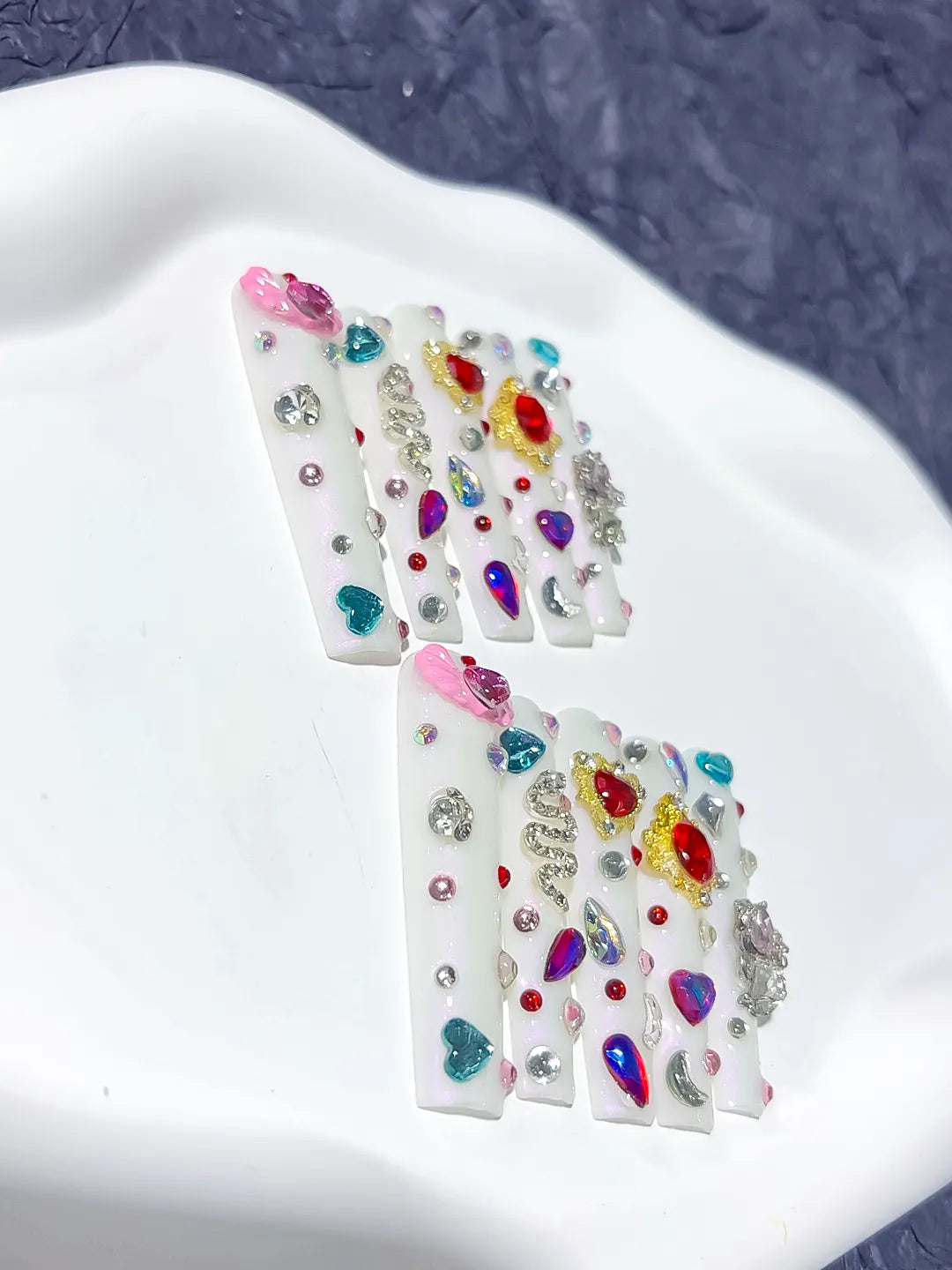 White Multicolor Silver Abstract Flower Rhinestone 3D press on nails detail view