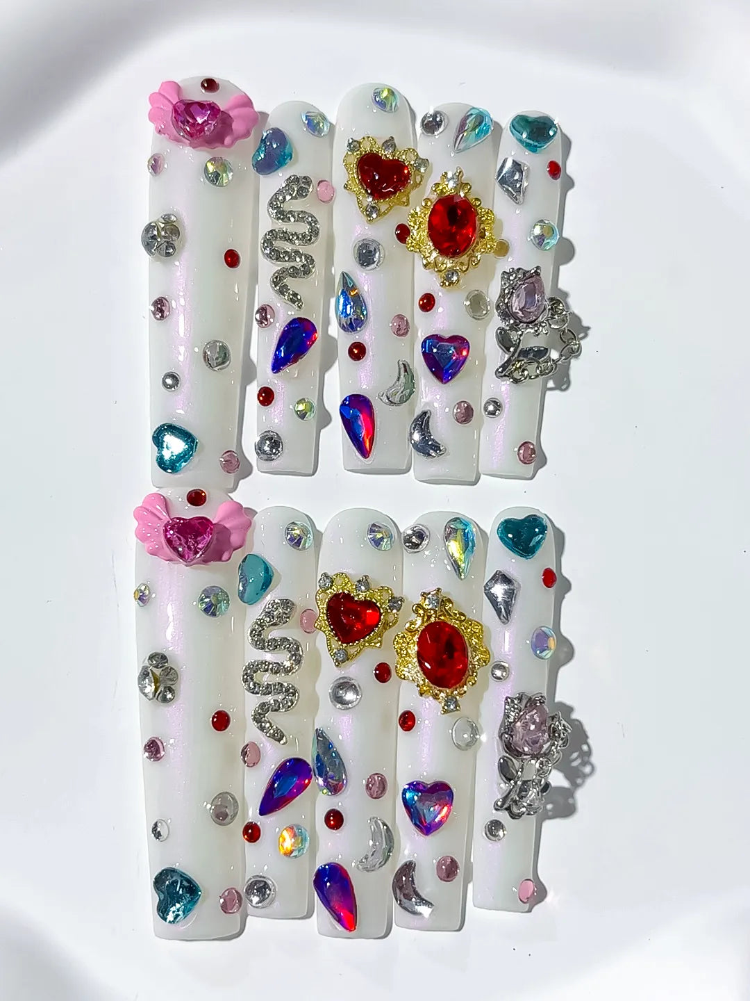 White Multicolor Silver Abstract Flower Rhinestone 3D press on nails close up