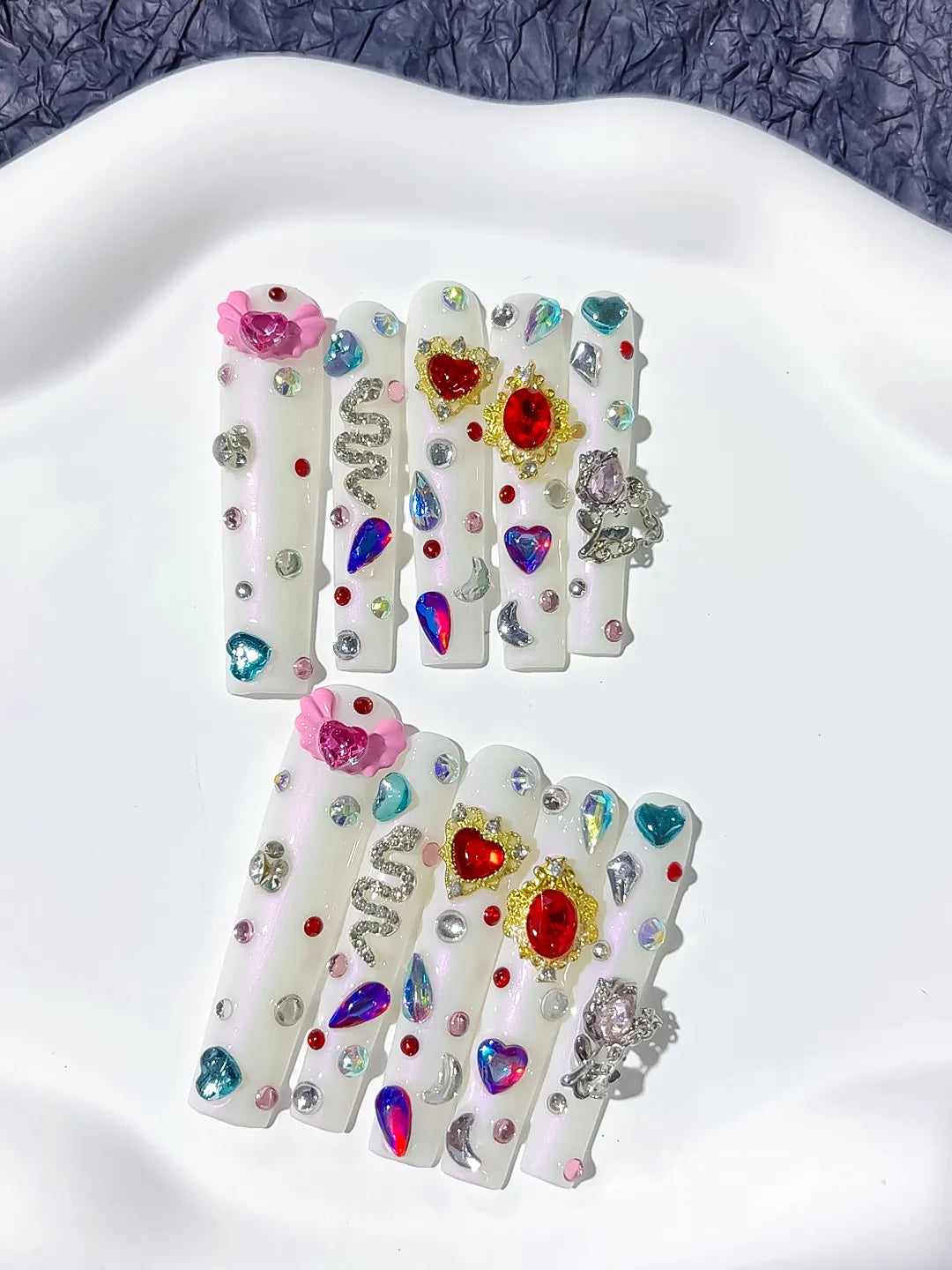 White Multicolor Silver Abstract Flower Rhinestone 3D press on nails detail view