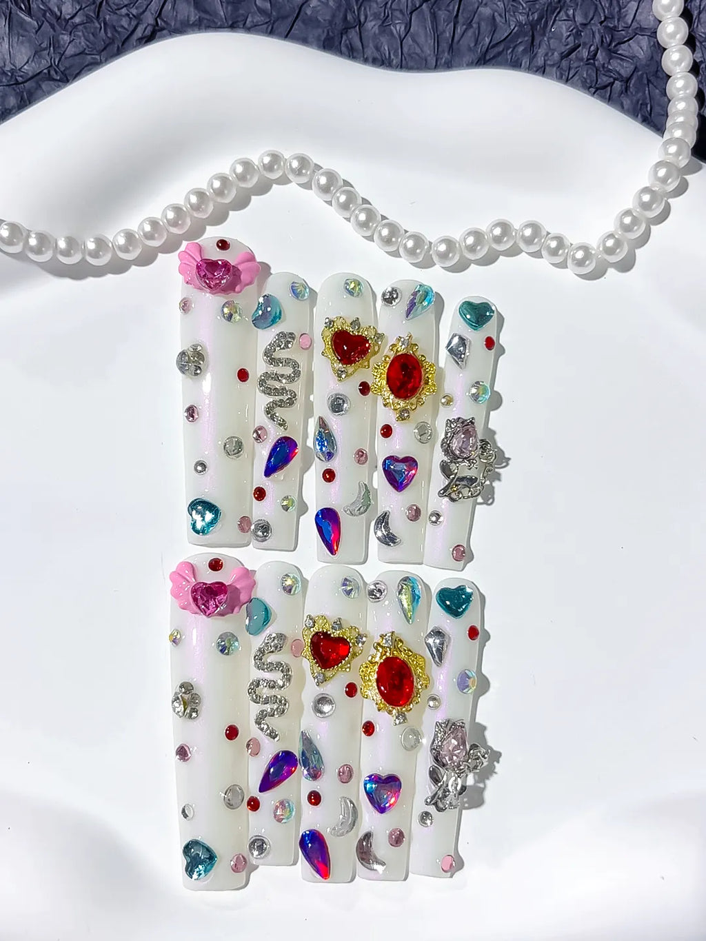White Multicolor Silver Abstract Flower Rhinestone 3D press on nails detail view