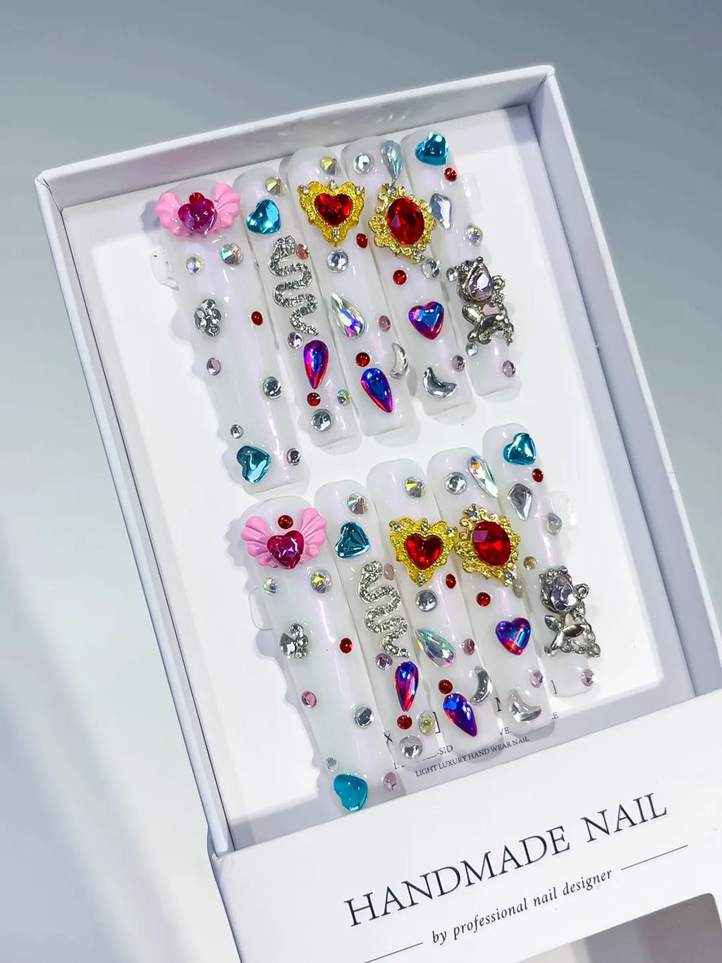 White Multicolor Silver Abstract Flower Rhinestone 3D press on nails angled view