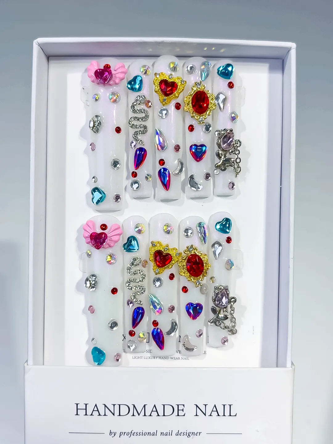 White Multicolor Silver Abstract Flower Rhinestone 3D press on nails full set view