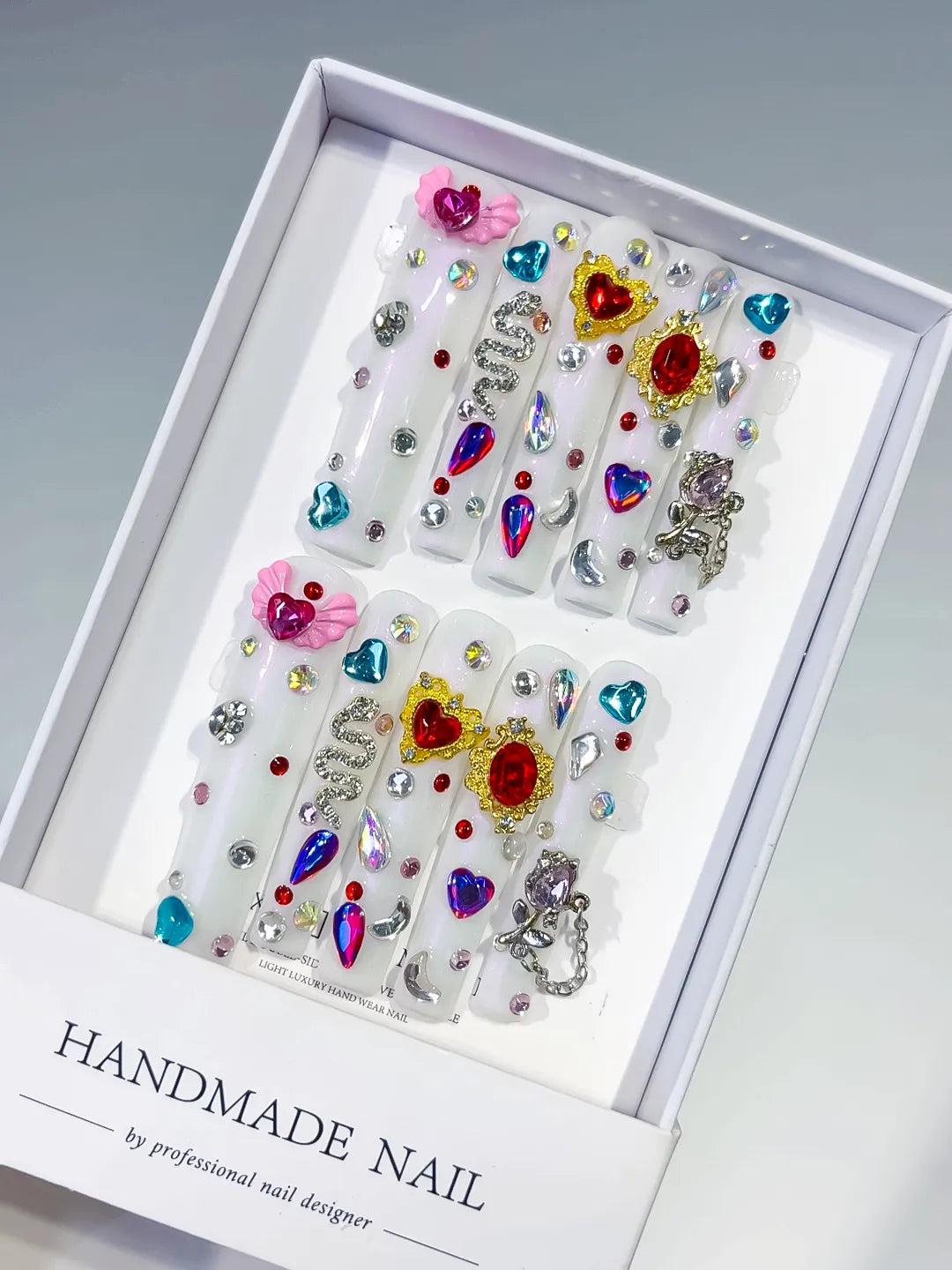 White Multicolor Silver Abstract Flower Rhinestone 3D press on nails
