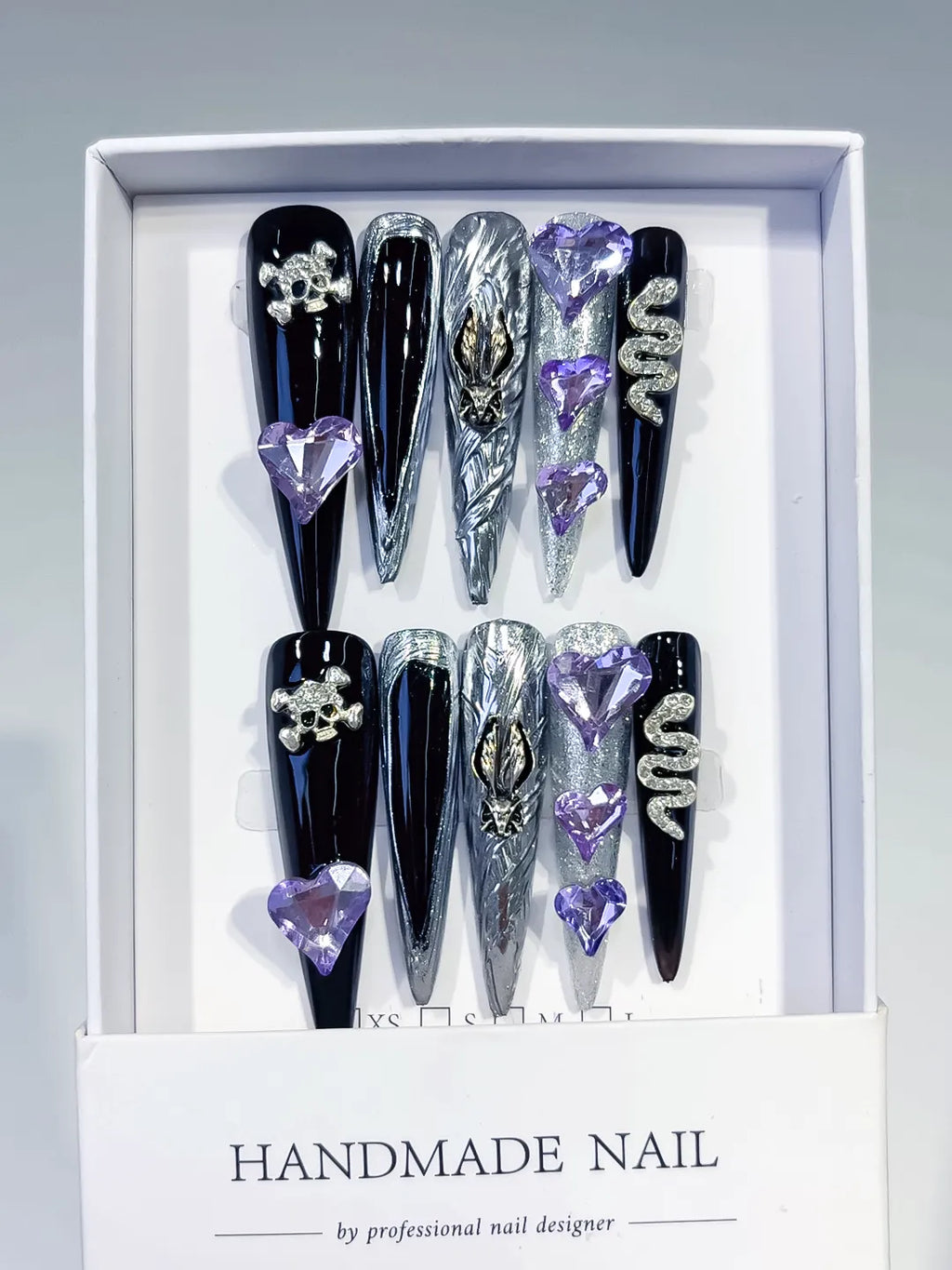 Black Silver White Abstract Swirl Rhinestone press on nails full set view