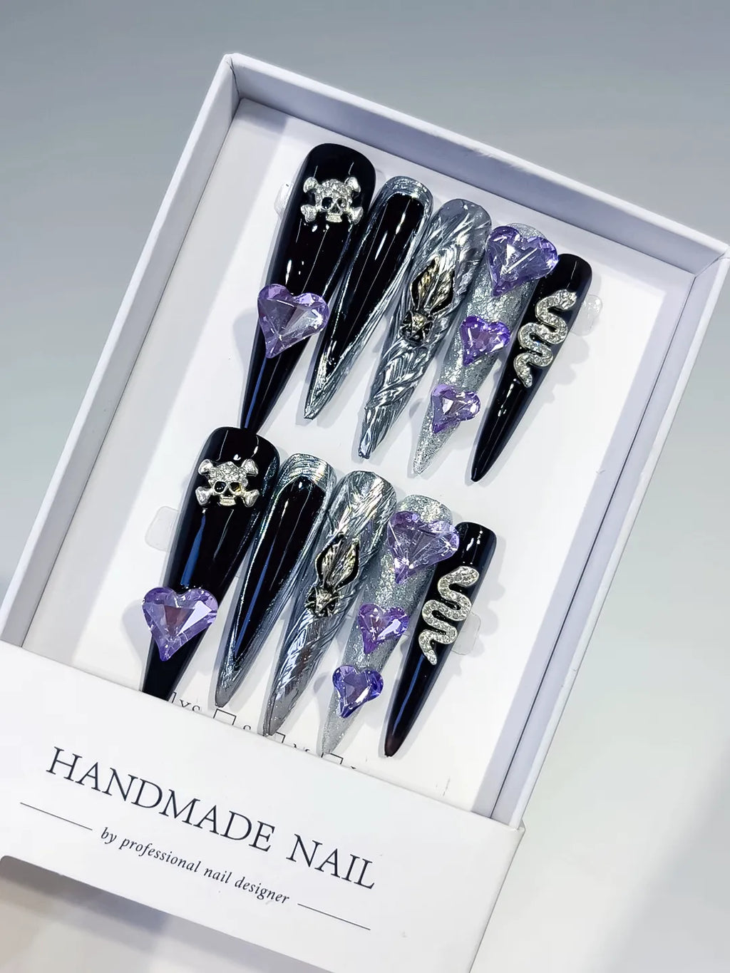 Black Silver White Abstract Swirl Rhinestone press on nails