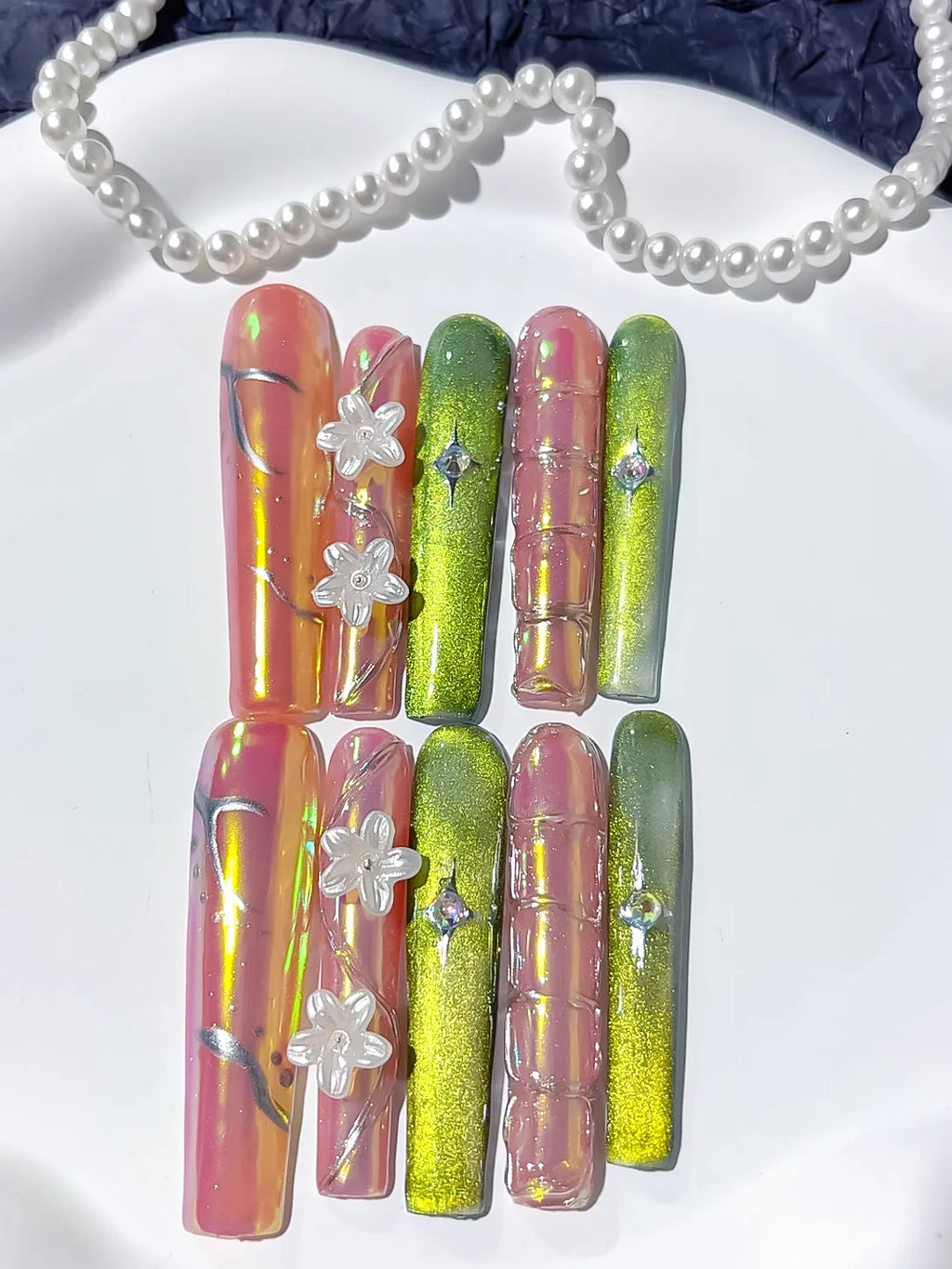 Nude Green Yellow Pink Abstract Flower 3D press on nails close up