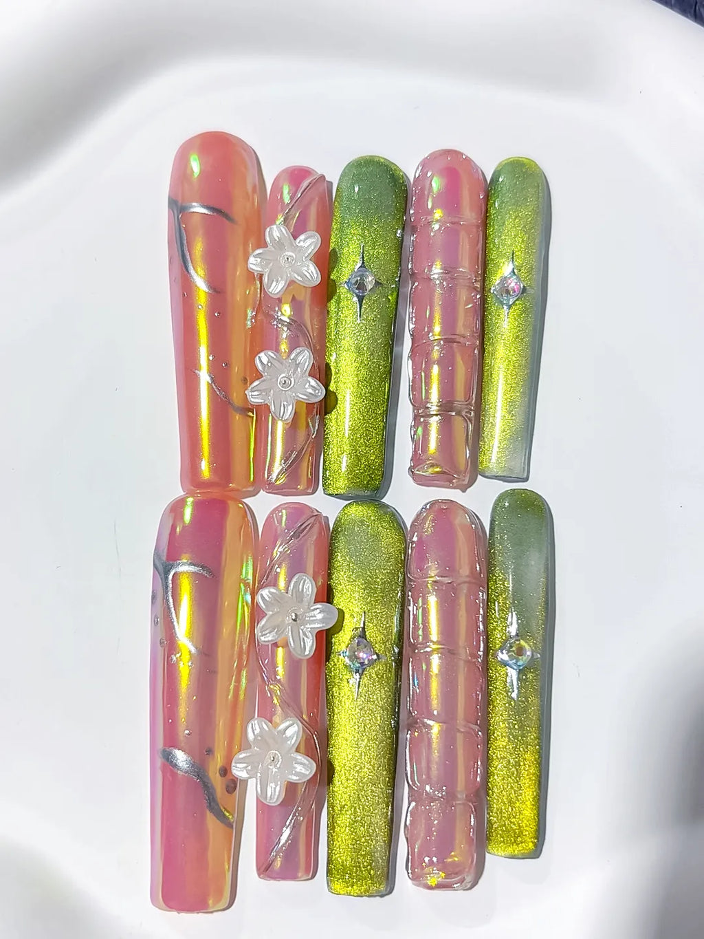 Nude Green Yellow Pink Abstract Flower 3D press on nails detail view