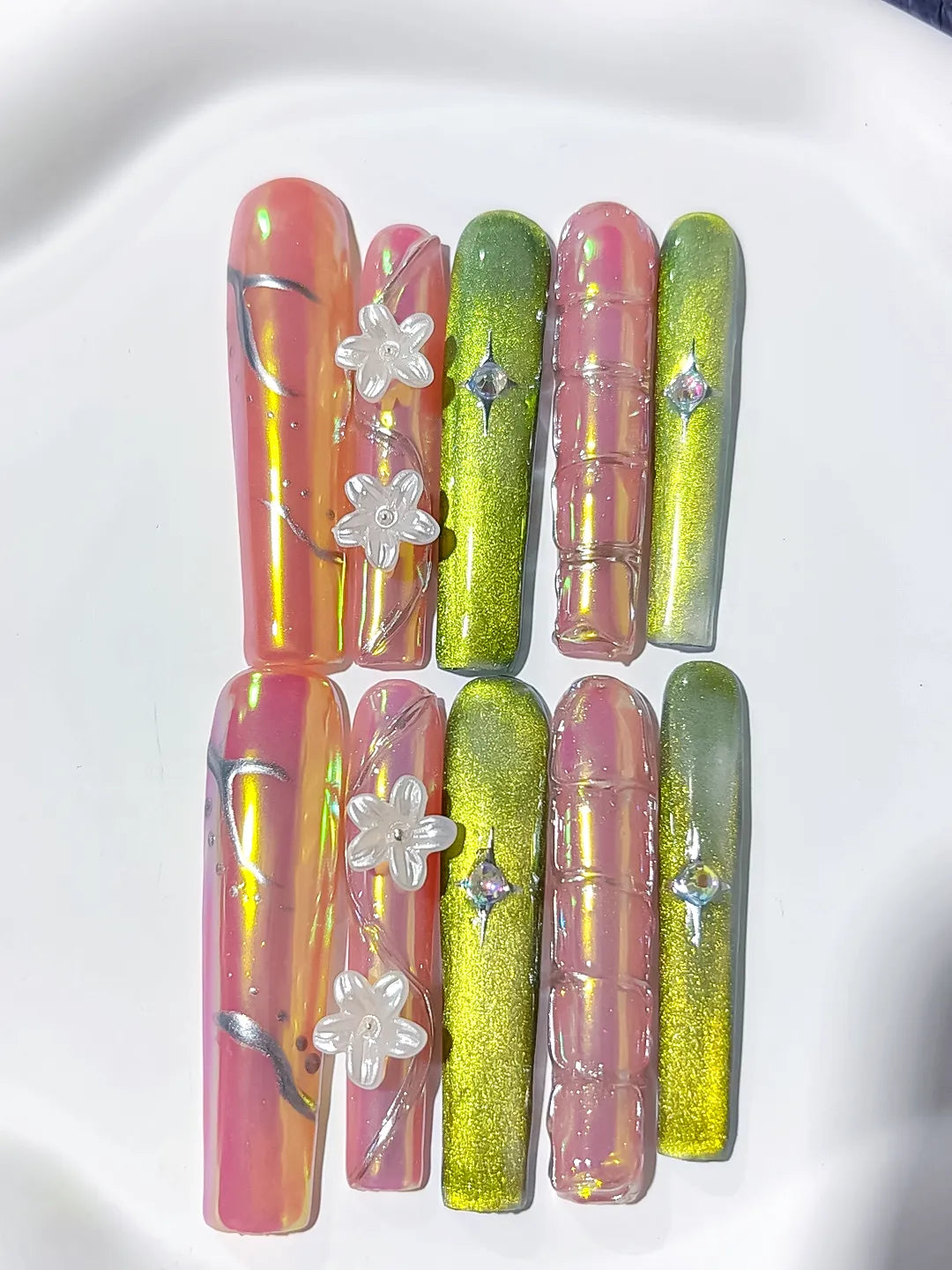 Nude Green Yellow Pink Abstract Flower 3D press on nails detail view