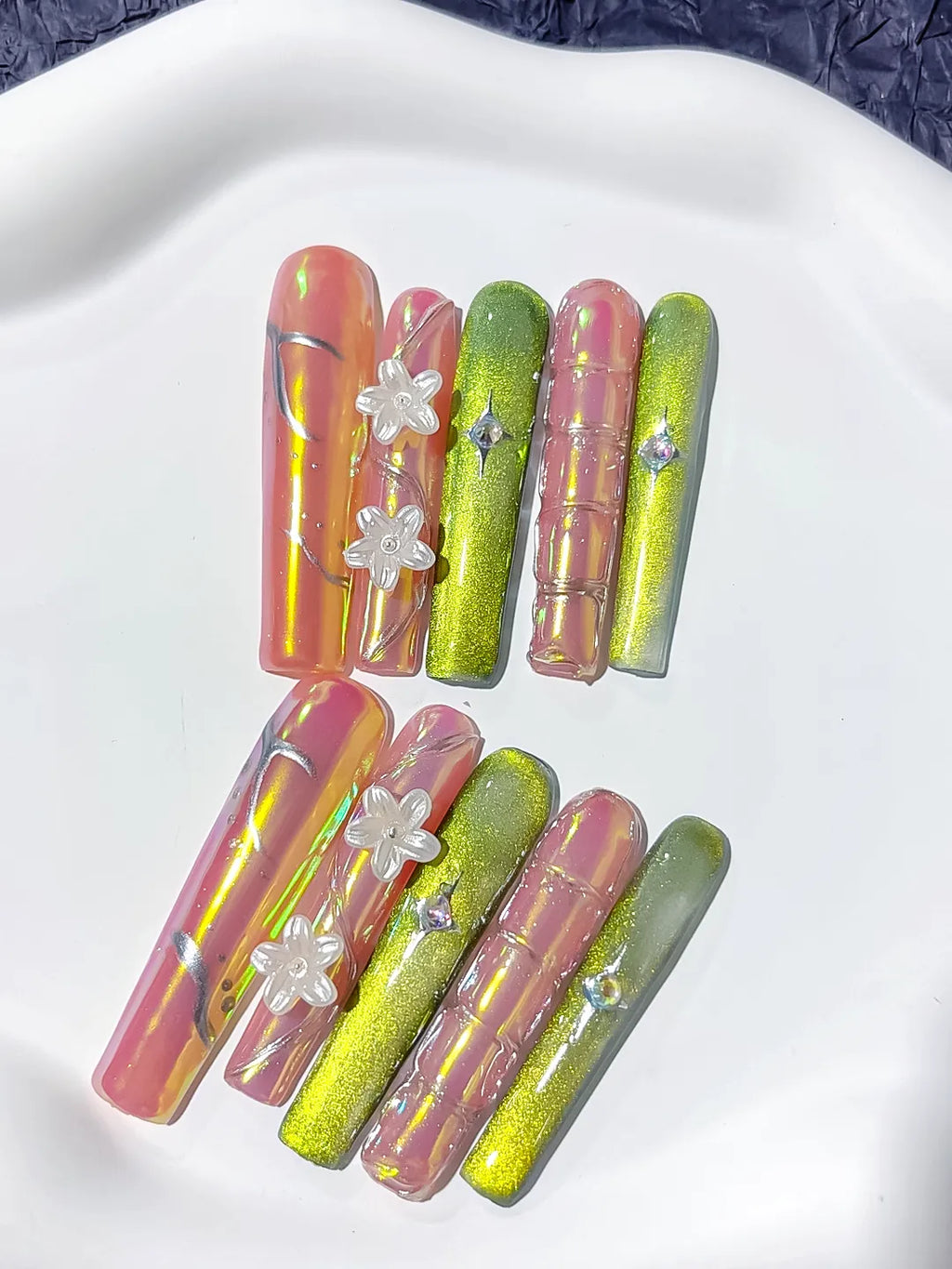 Nude Green Yellow Pink Abstract Flower 3D press on nails detail view
