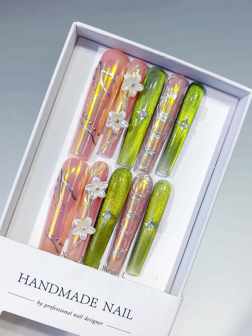 Nude Green Yellow Pink Abstract Flower 3D press on nails