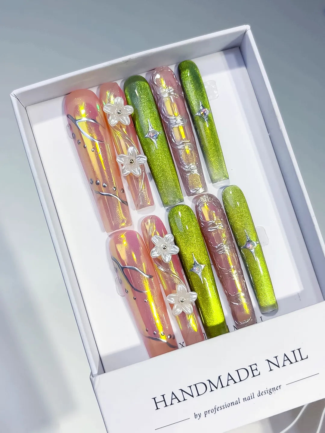 Nude Green Yellow Pink Abstract Flower 3D press on nails angled view