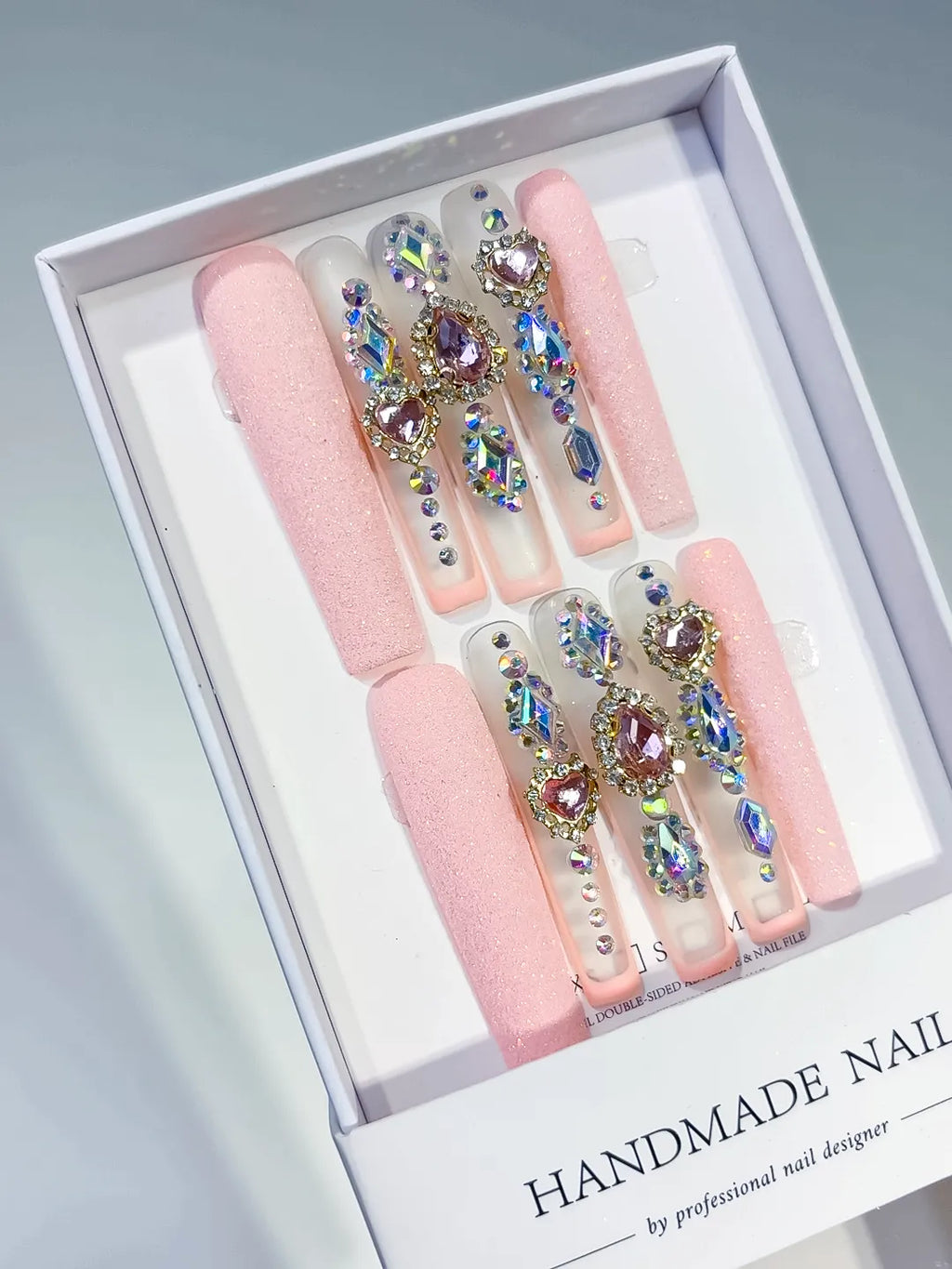 Pink Silver Solid color Rhinestone Crystal Cluster press on nails angled view