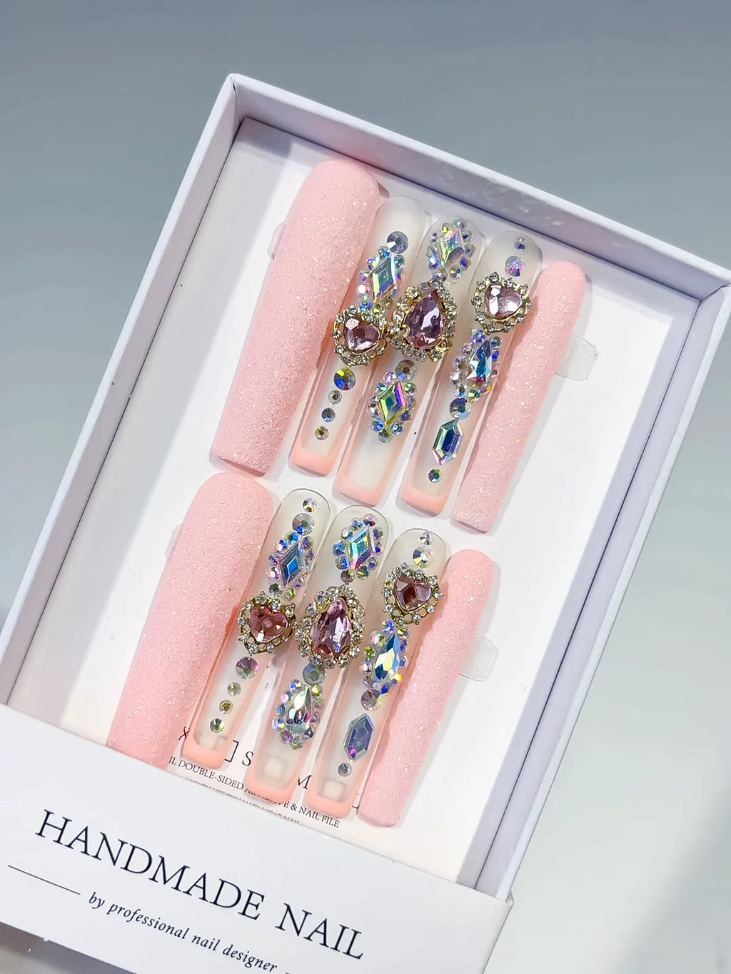 Pink Silver Solid color Rhinestone Crystal Cluster press on nails