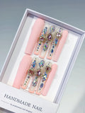 Pink Silver Solid color Rhinestone Crystal Cluster press on nails