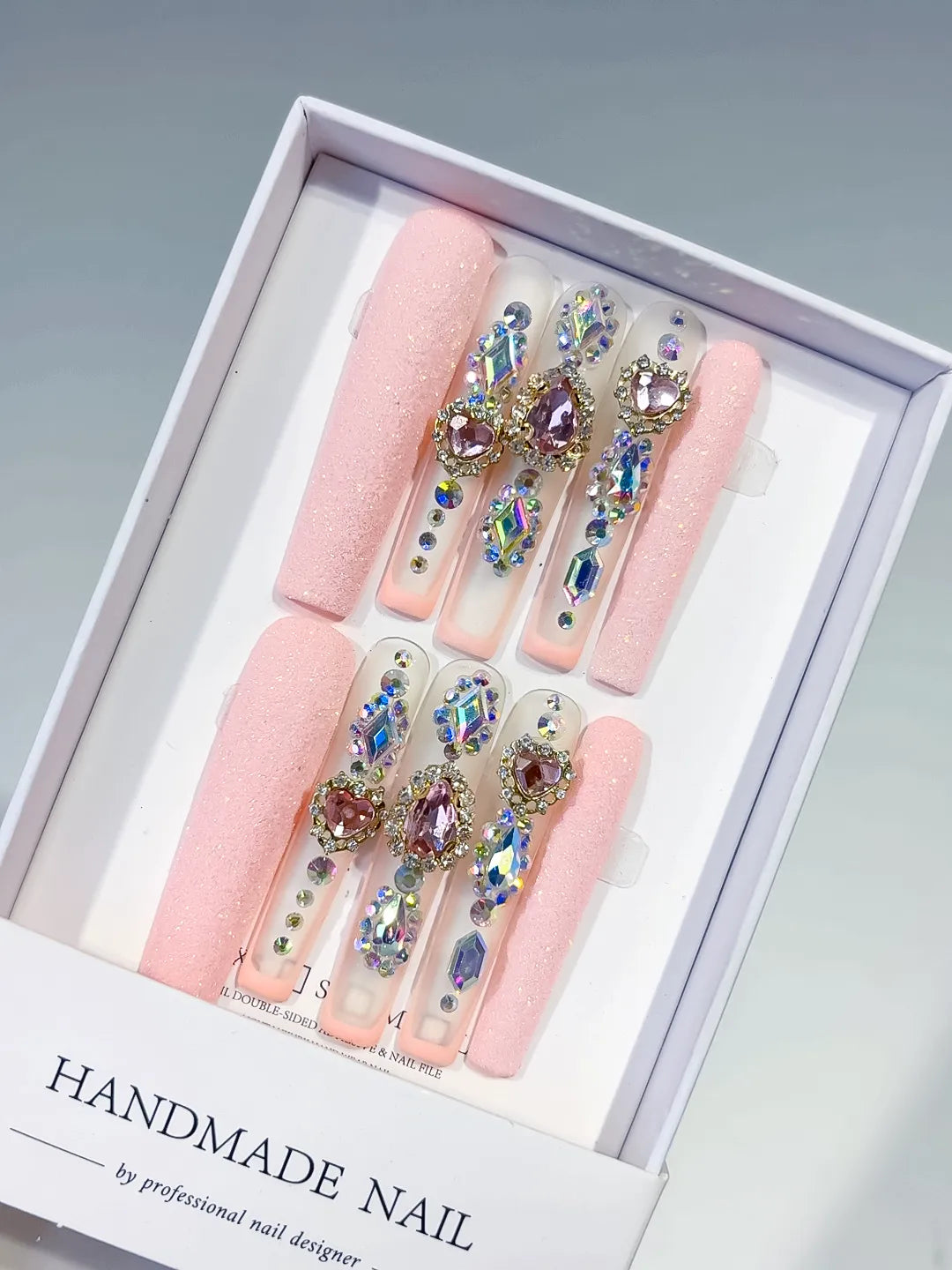 Pink Silver Solid color Rhinestone Crystal Cluster press on nails