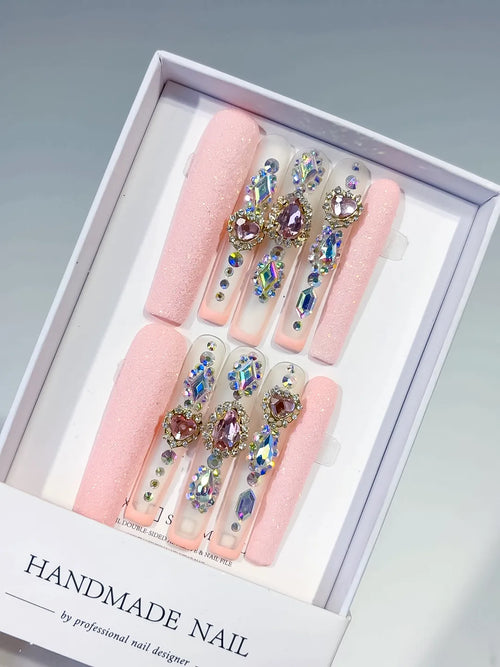 Pink Silver Solid color Rhinestone Crystal Cluster press on nails