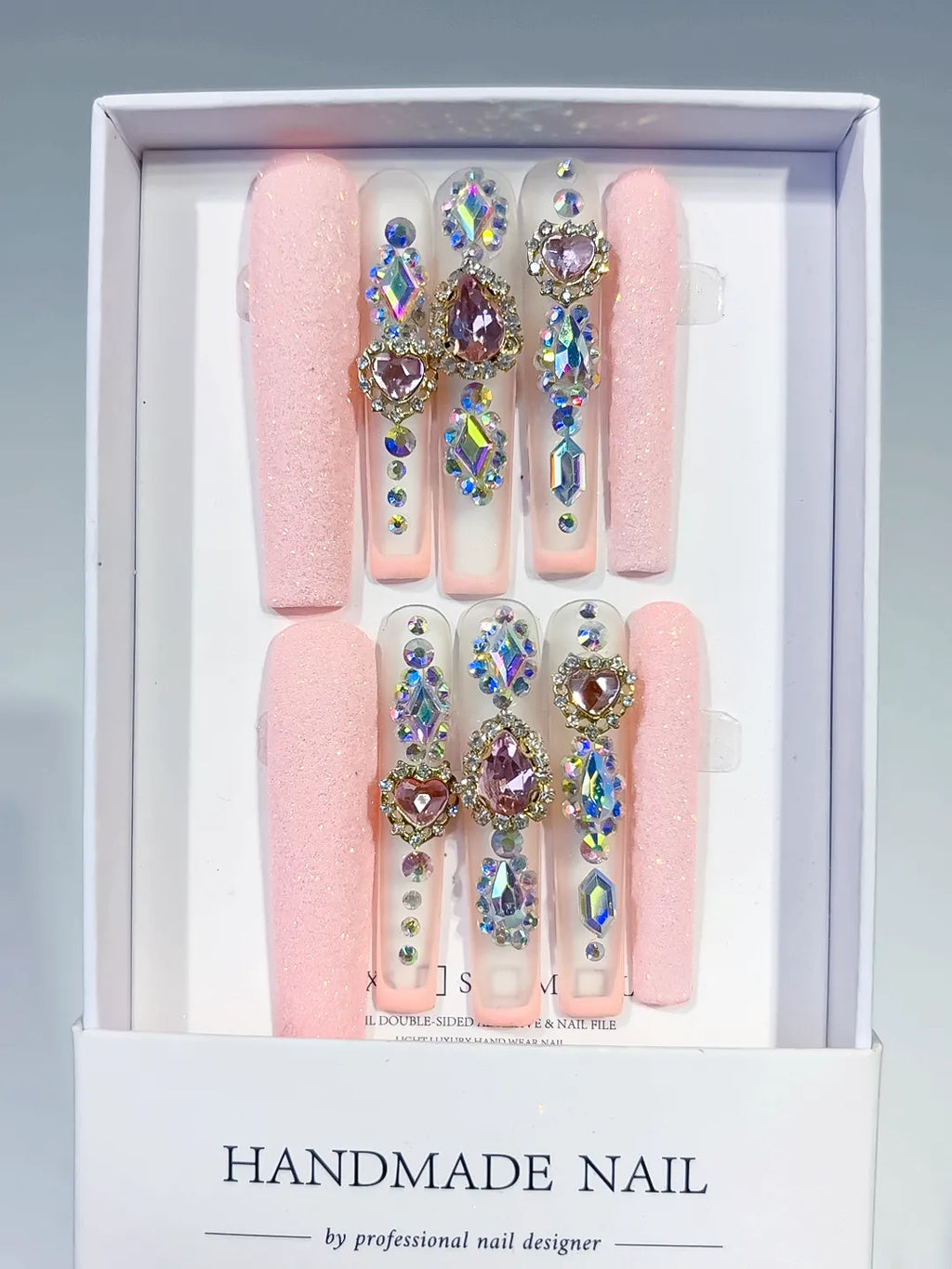 Pink Silver Solid color Rhinestone Crystal Cluster press on nails full set view