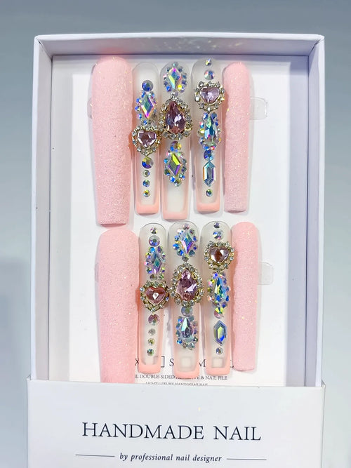 Pink Silver Solid color Rhinestone Crystal Cluster press on nails full set view