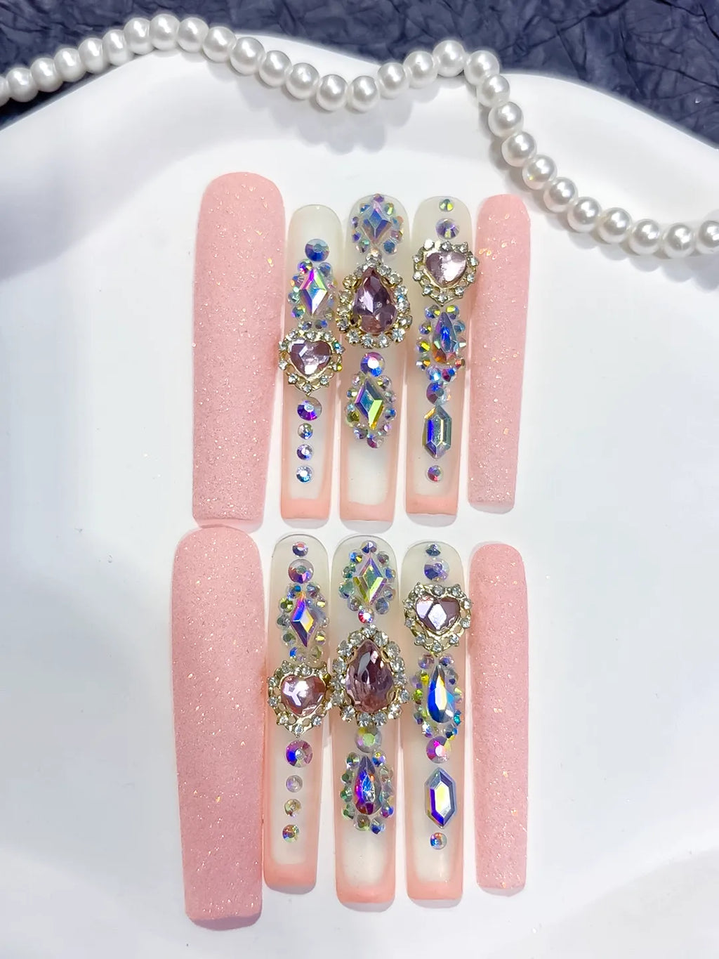 Pink Silver Solid color Rhinestone Crystal Cluster press on nails detail view