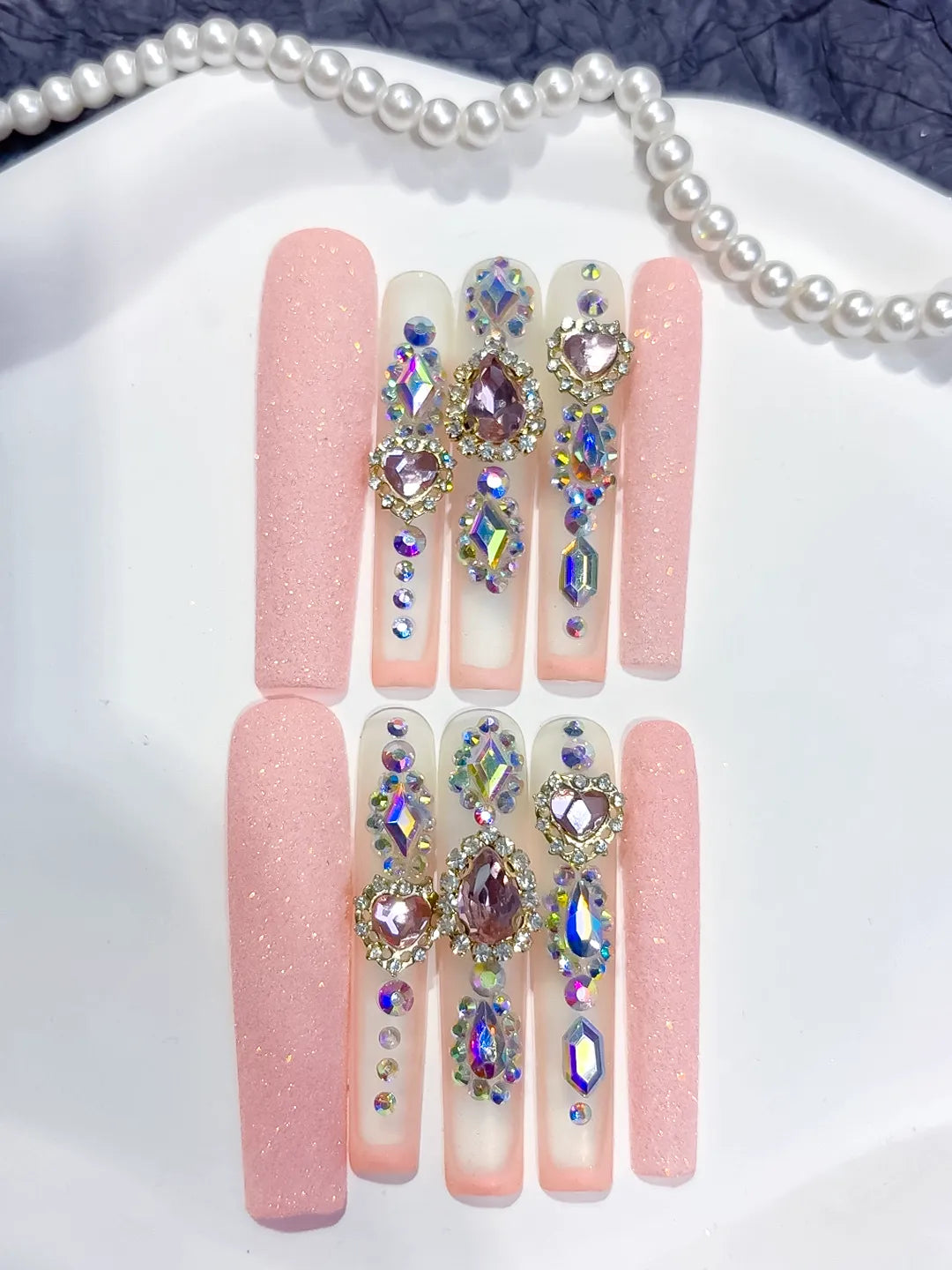 Pink Silver Solid color Rhinestone Crystal Cluster press on nails detail view