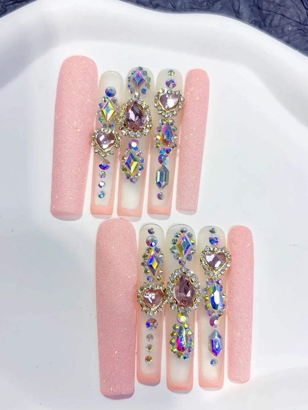 Pink Silver Solid color Rhinestone Crystal Cluster press on nails detail view
