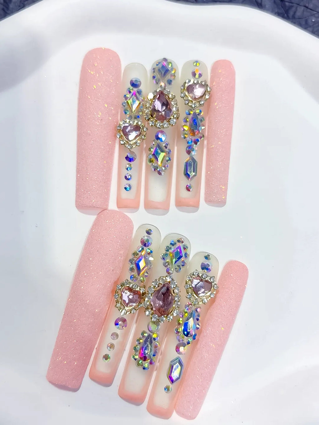 Pink Silver Solid color Rhinestone Crystal Cluster press on nails detail view