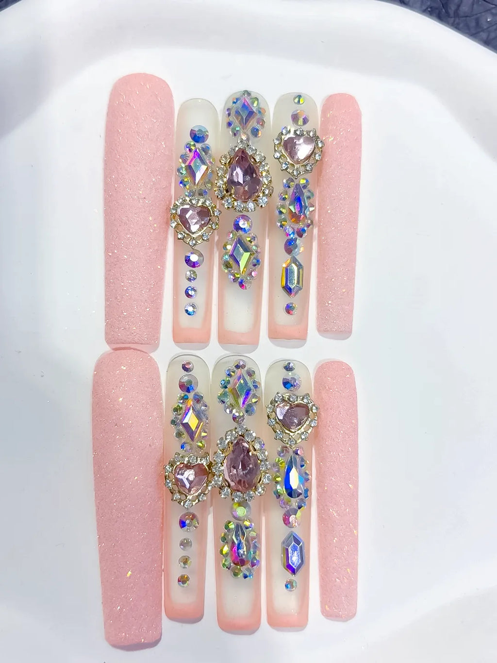 Pink Silver Solid color Rhinestone Crystal Cluster press on nails close up