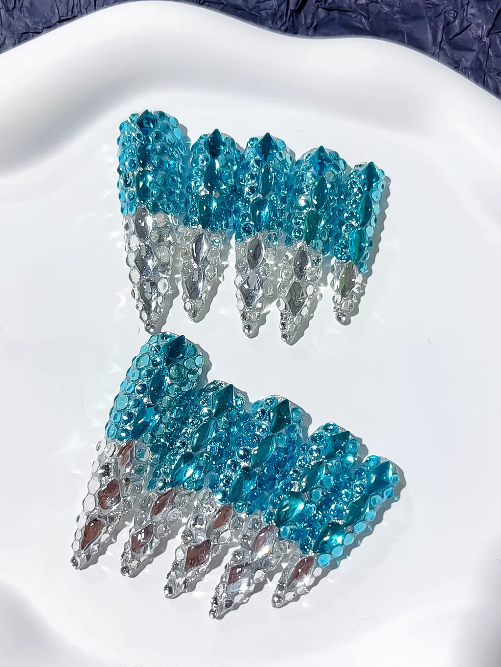 Blue Silver Solid color Rhinestone Crystal Cluster press on nails detail view