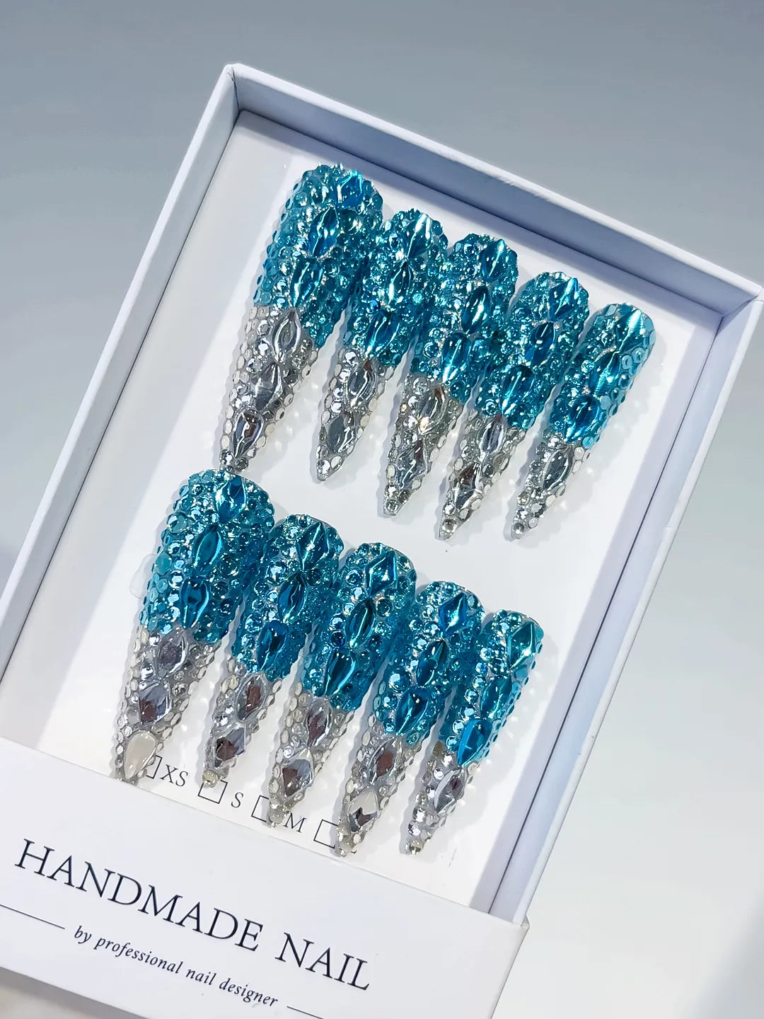 Blue Silver Solid color Rhinestone Crystal Cluster press on nails