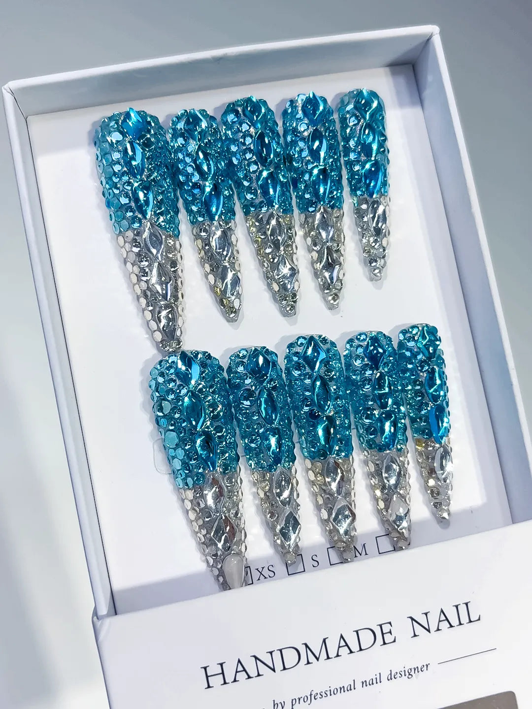 Blue Silver Solid color Rhinestone Crystal Cluster press on nails angled view