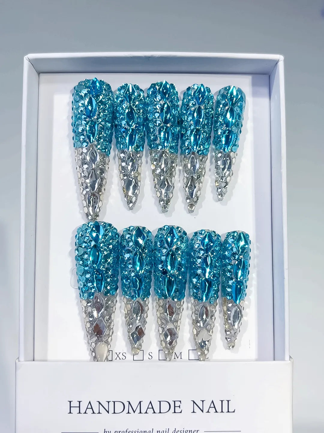 Blue Silver Solid color Rhinestone Crystal Cluster press on nails full set view