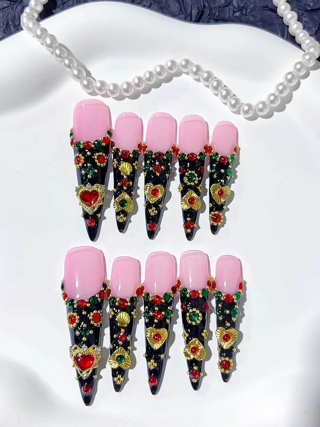 Black Pink Gold Abstract Flower 3D press on nails detail view