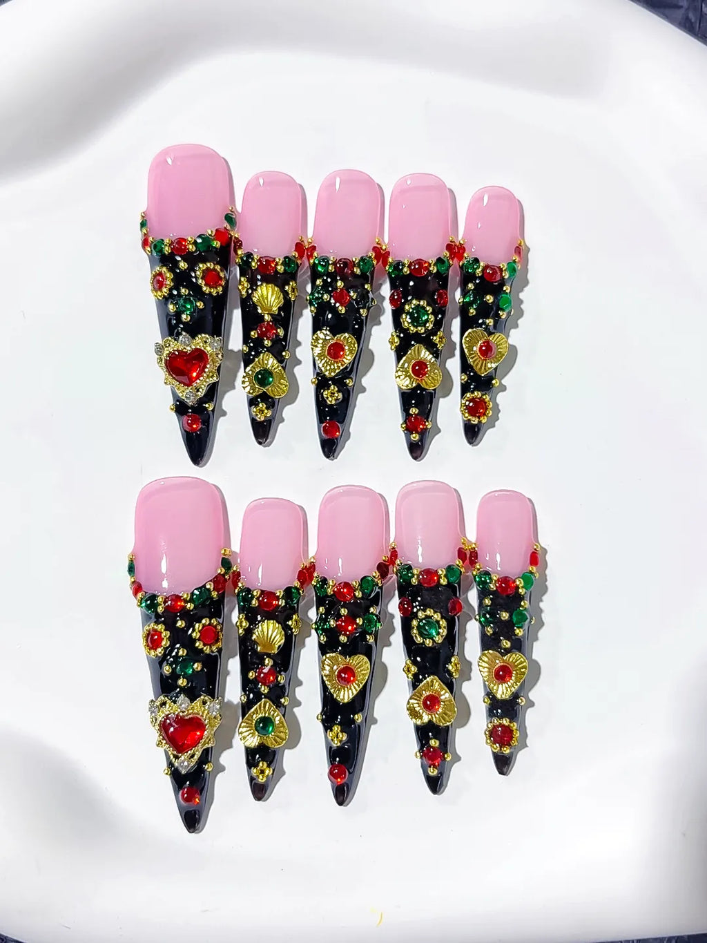 Black Pink Gold Abstract Flower 3D press on nails detail view