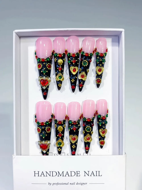 Black Pink Gold Abstract Flower 3D press on nails full set view