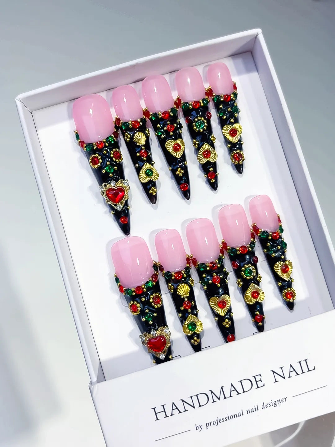 Black Pink Gold Abstract Flower 3D press on nails angled view
