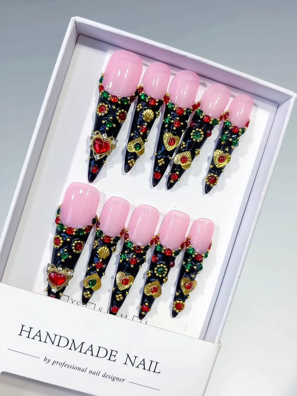 Black Pink Gold Abstract Flower 3D press on nails