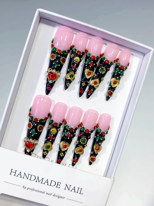 Black Pink Gold Abstract Flower 3D press on nails