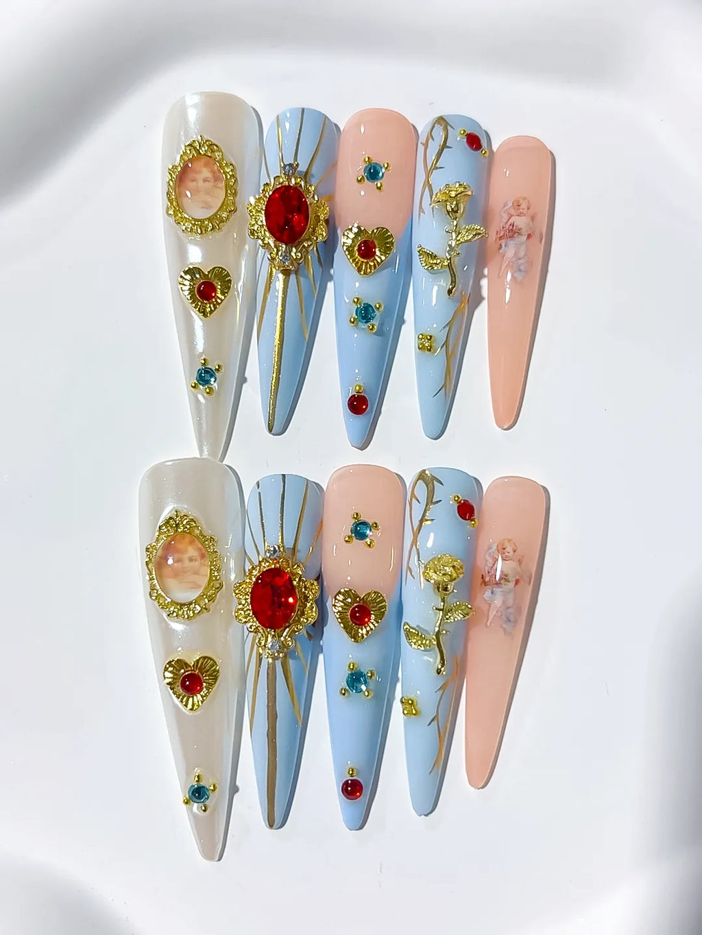 Nude White Yellow Blue Abstract Flower 3D press on nails detail view
