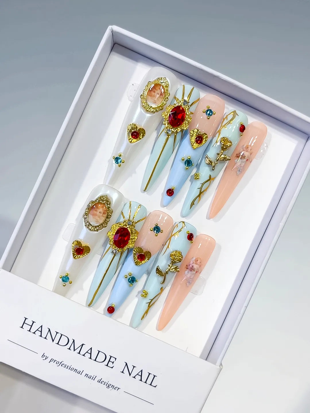 Nude White Yellow Blue Abstract Flower 3D press on nails