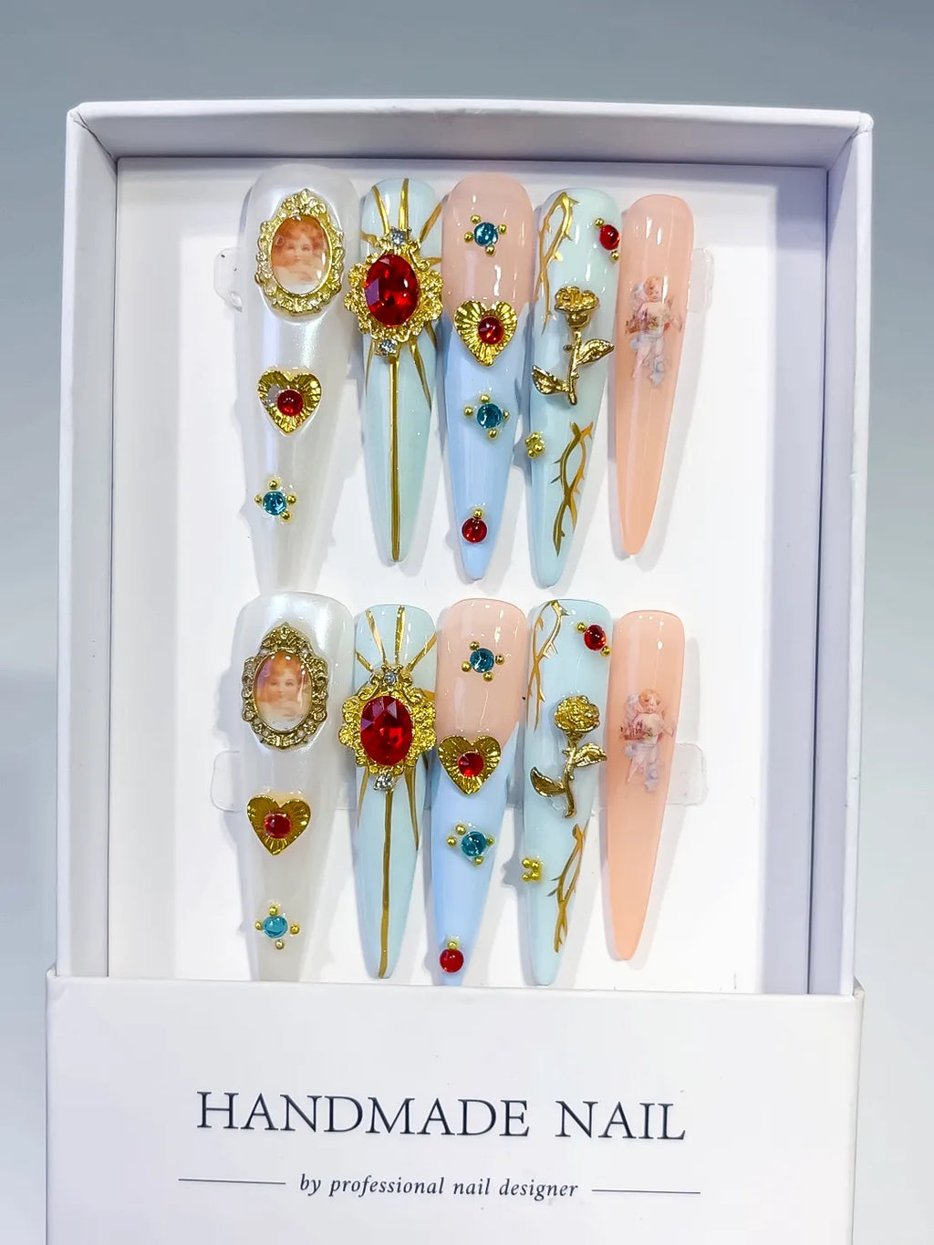 Nude White Yellow Blue Abstract Flower 3D press on nails full set view