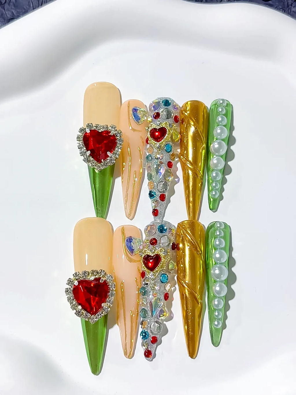 Nude White Green Red Yellow Abstract Flower 3D press on nails close up