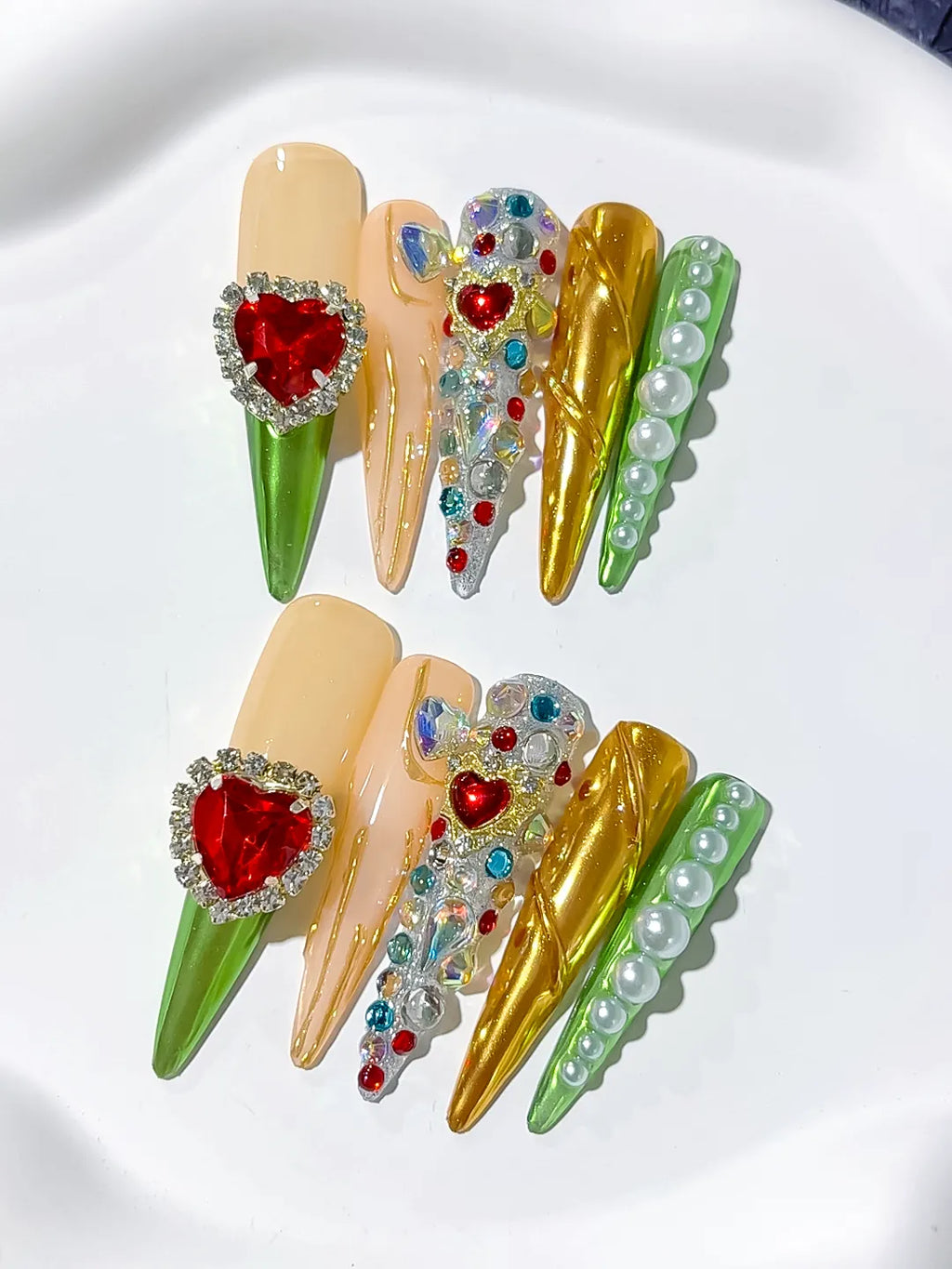 Nude White Green Red Yellow Abstract Flower 3D press on nails detail view