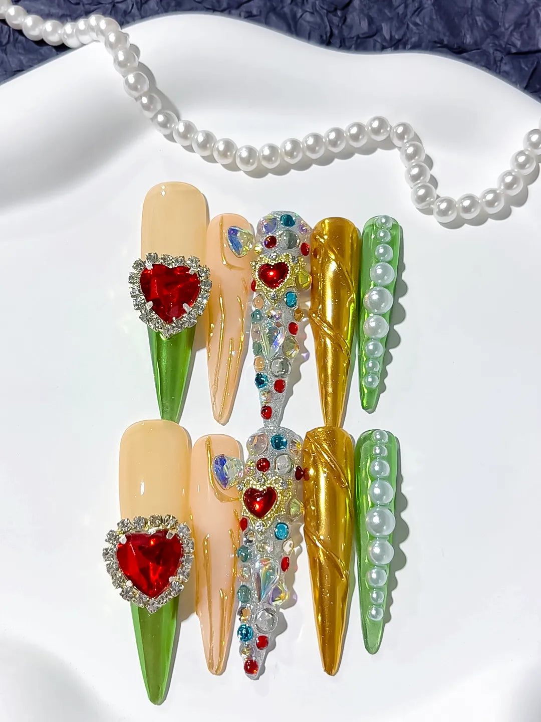 Nude White Green Red Yellow Abstract Flower 3D press on nails detail view