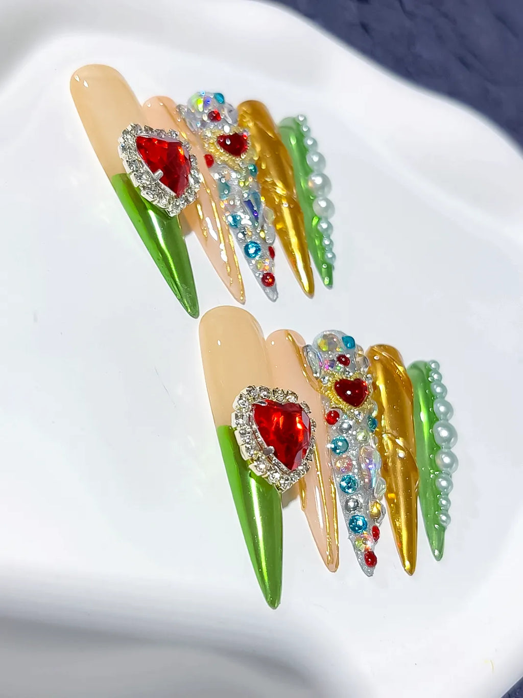 Nude White Green Red Yellow Abstract Flower 3D press on nails detail view