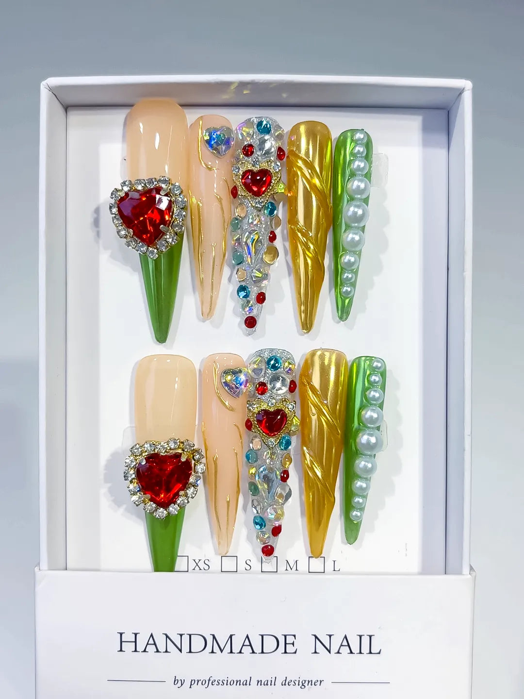 Nude White Green Red Yellow Abstract Flower 3D press on nails full set view