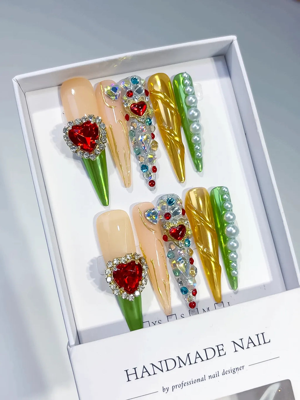 Nude White Green Red Yellow Abstract Flower 3D press on nails angled view