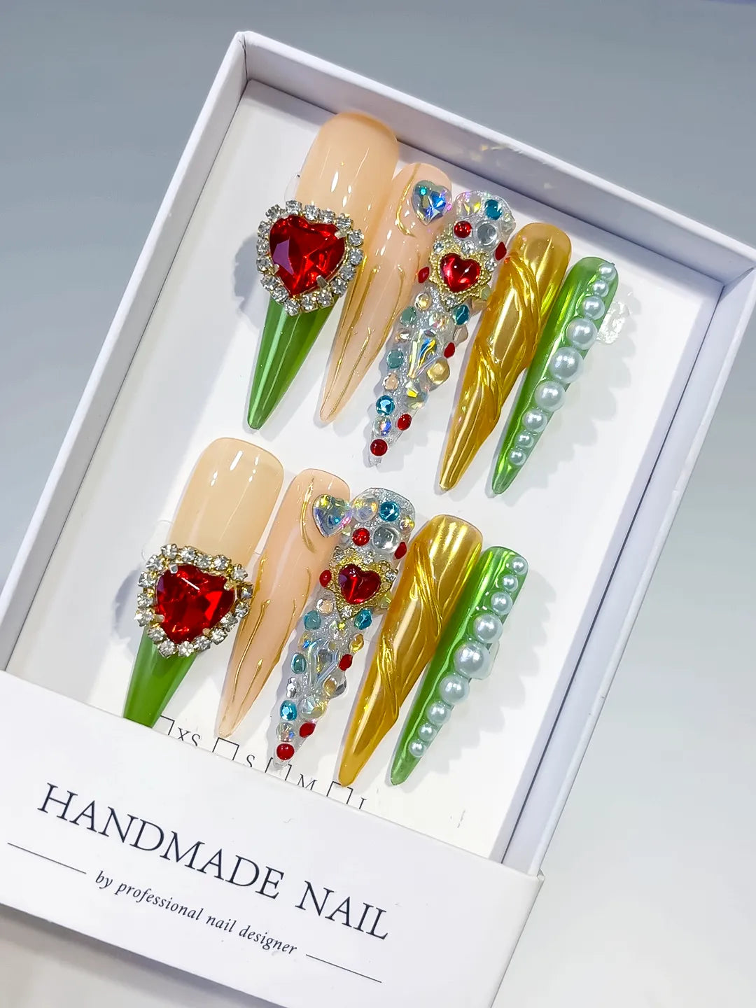 Nude White Green Red Yellow Abstract Flower 3D press on nails