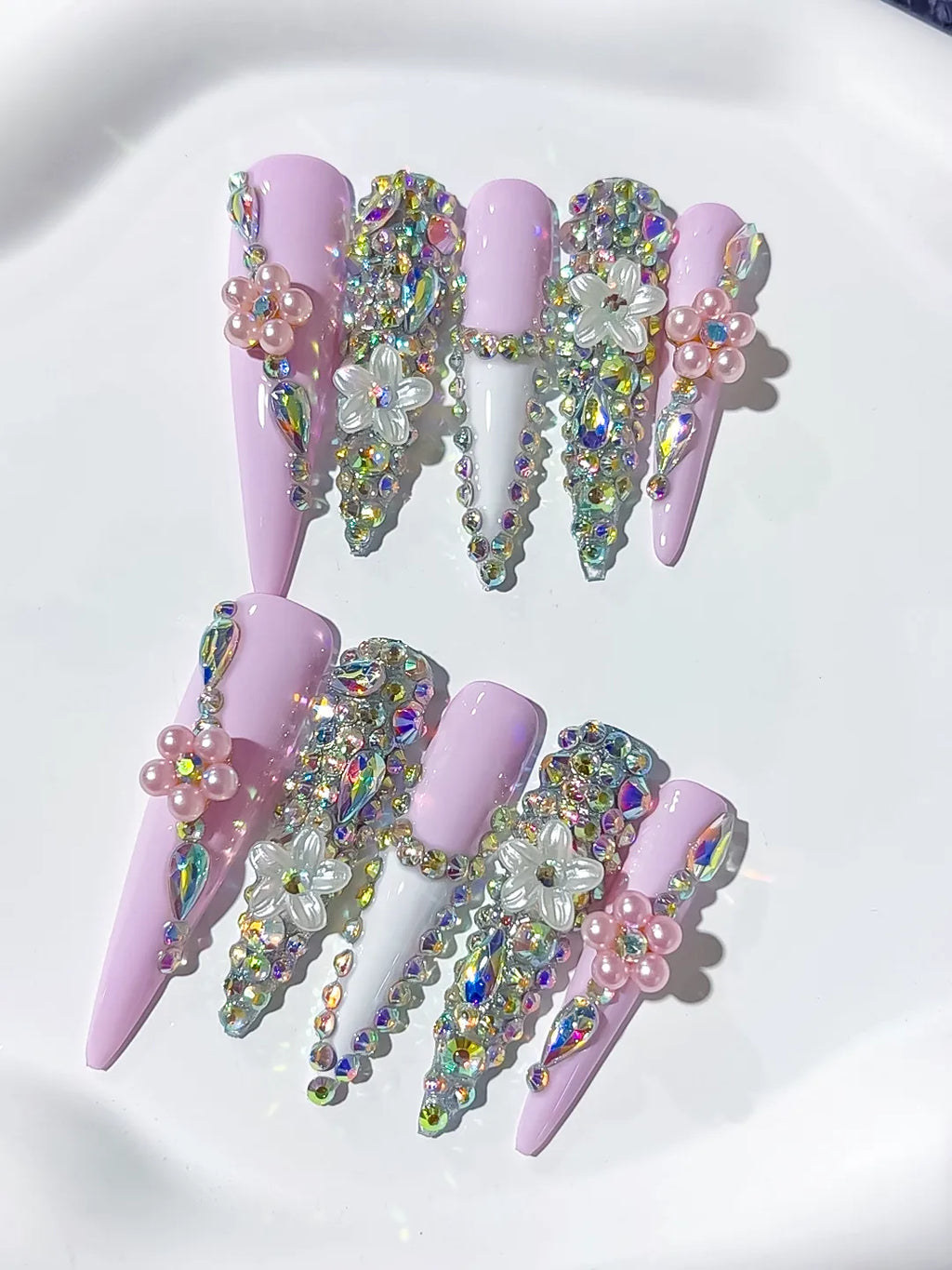 Pink Silver Multicolor Solid color Rhinestone Crystal Cluster press on nails close up