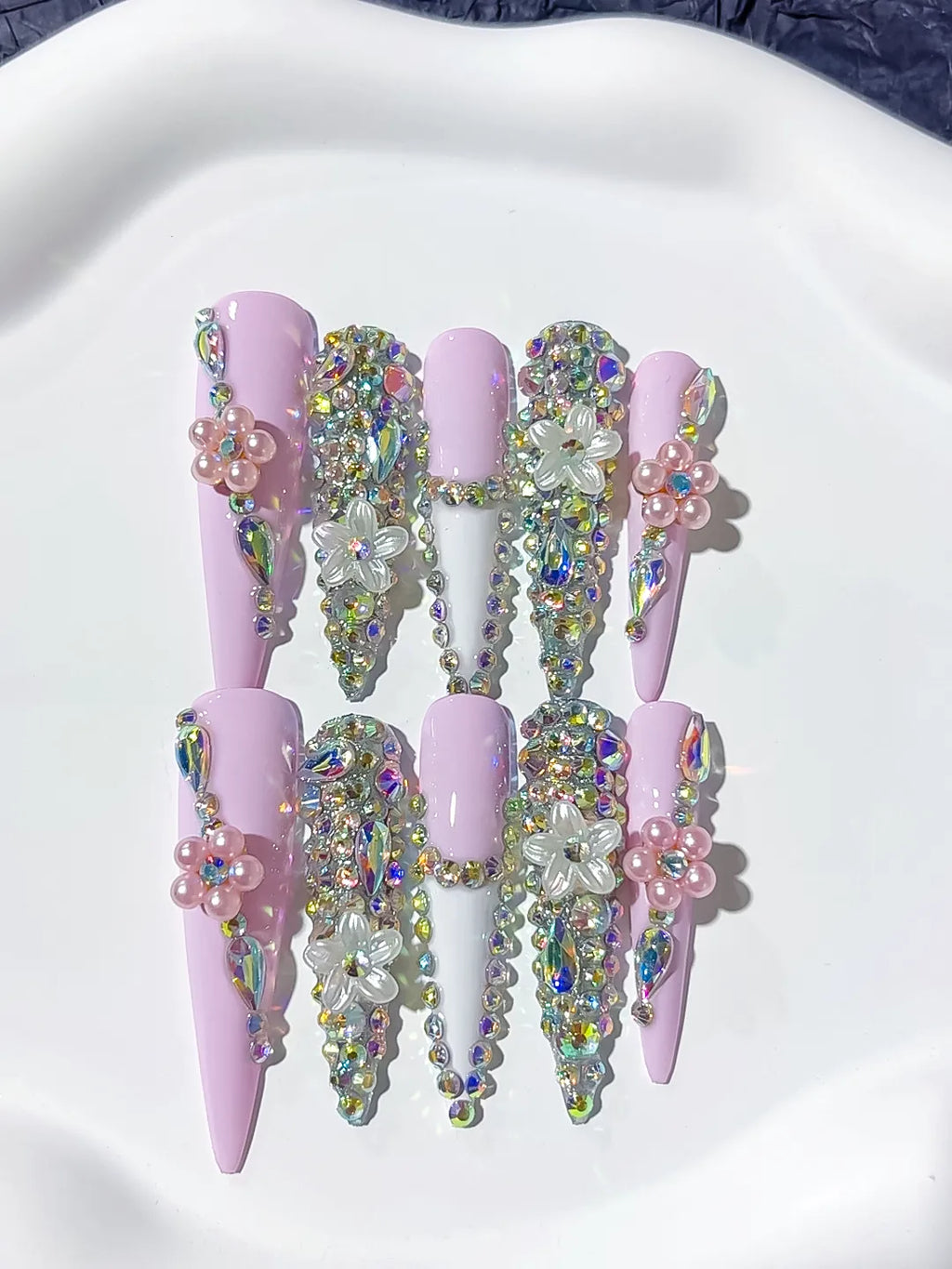 Pink Silver Multicolor Solid color Rhinestone Crystal Cluster press on nails detail view